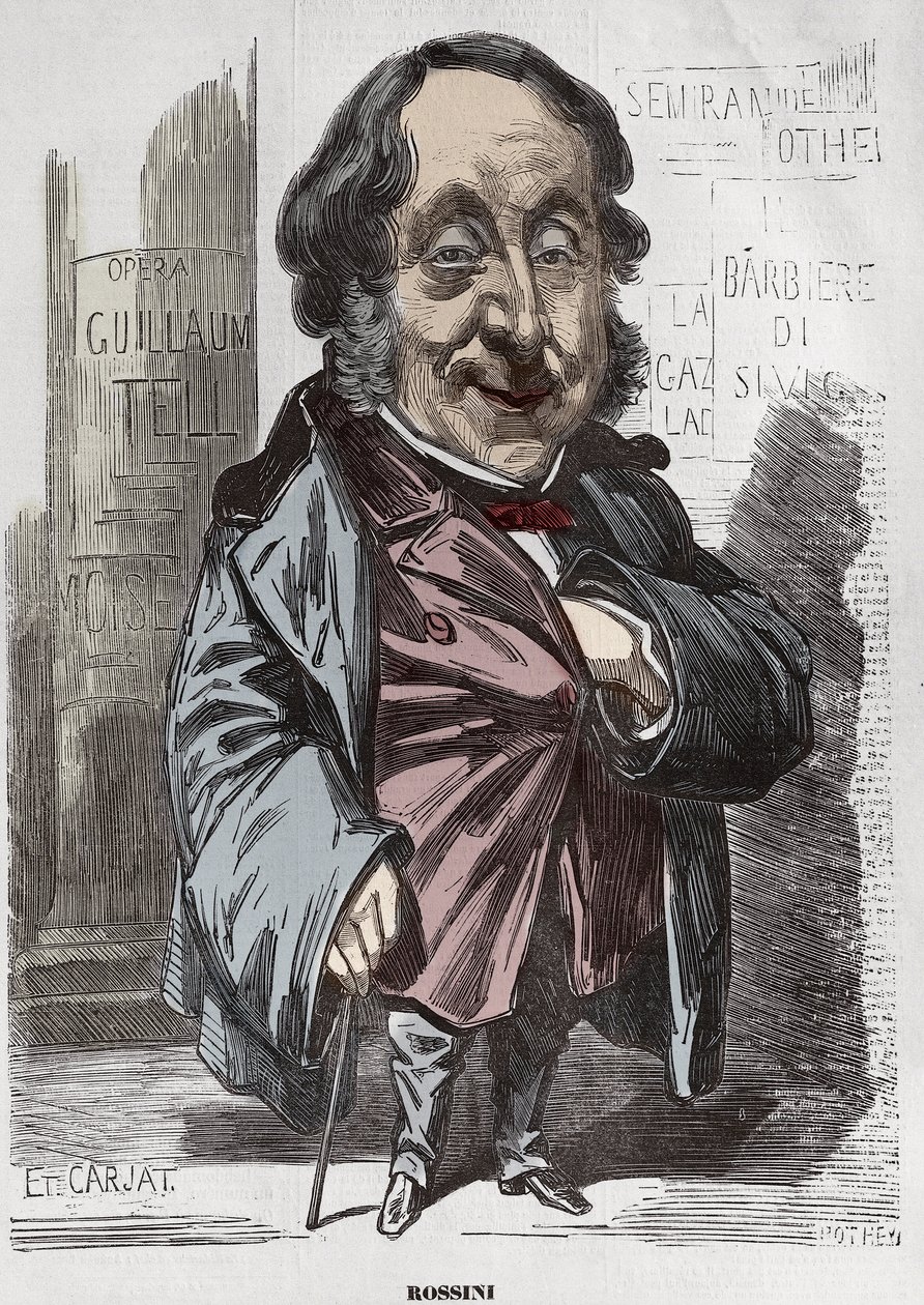 Retrato de Gioachino Rossini (1792-1868), Caricatura por Etienne Carjat - Etienne Carjat (1928-1906), retrato-caricatura de Rossini para Diogene, después de Nadar, 21 de diciembre de 1856 colorización digital de Etienne Carjat