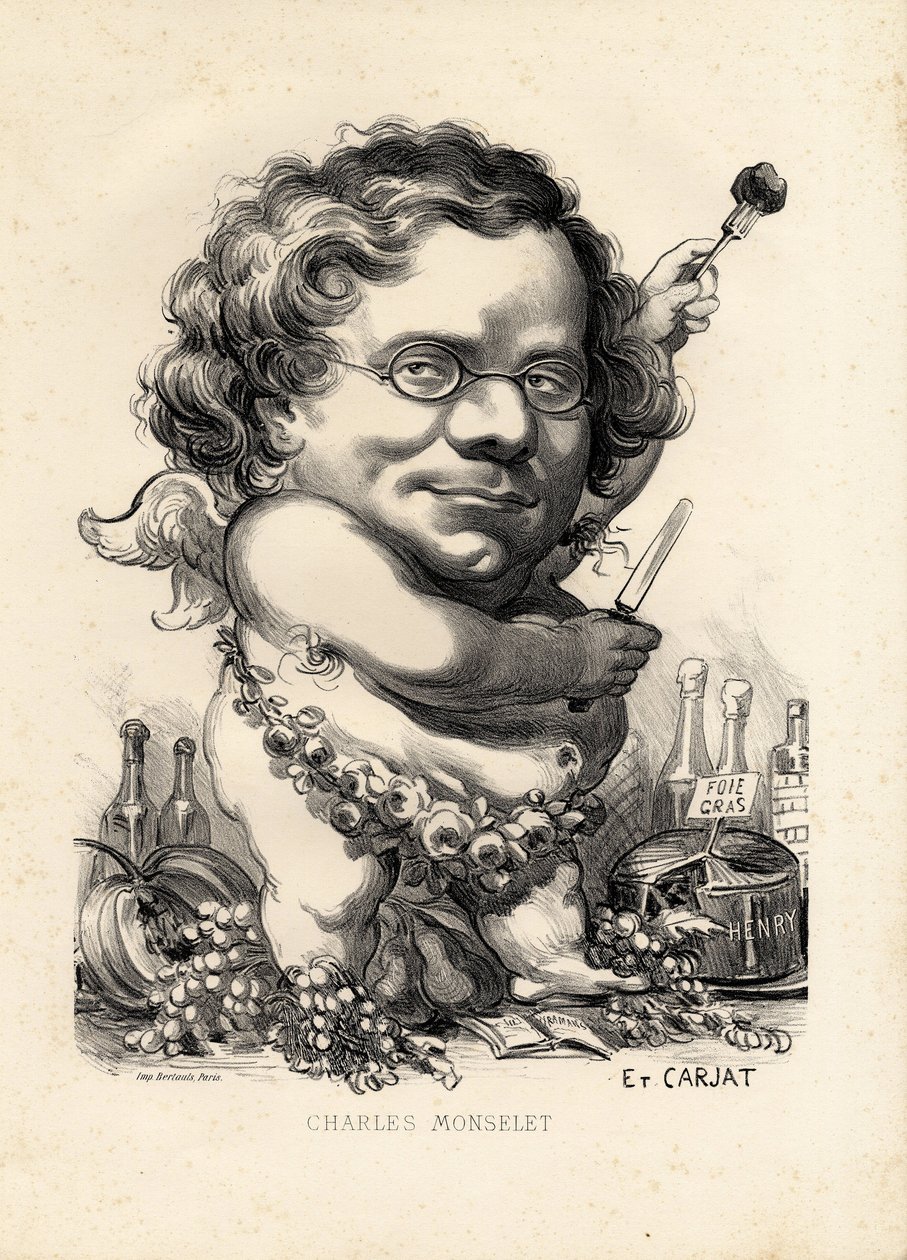 Hoja volante - Ilustración de Etienne Carjat (1826-1906): Obesidad, Foie gras - Monselet Charles (1825-1888) de Etienne Carjat