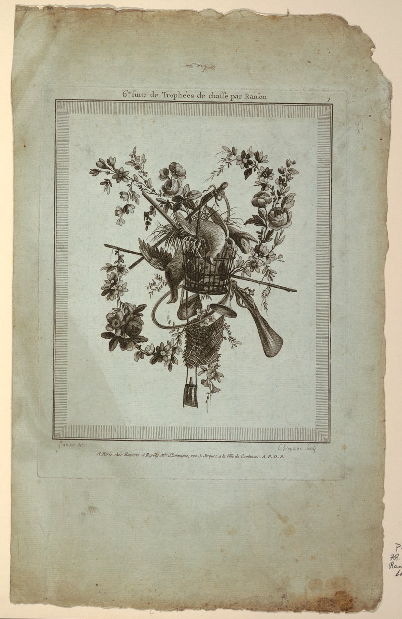 Trofeo con implementos de caza, Placa 1 de "Suite de Trofeos de caza," Suite VI de Etienne Claude Voysard