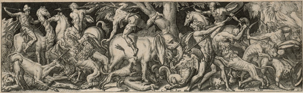 Combate de hombres y animales de Etienne Delaune