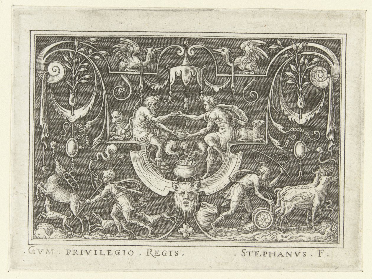 Esaú vende su primogenitura a Jacob Decoraciones planas con escenas del Antiguo Testamento en un marco de grutescos (título de la serie) de Etienne Delaune