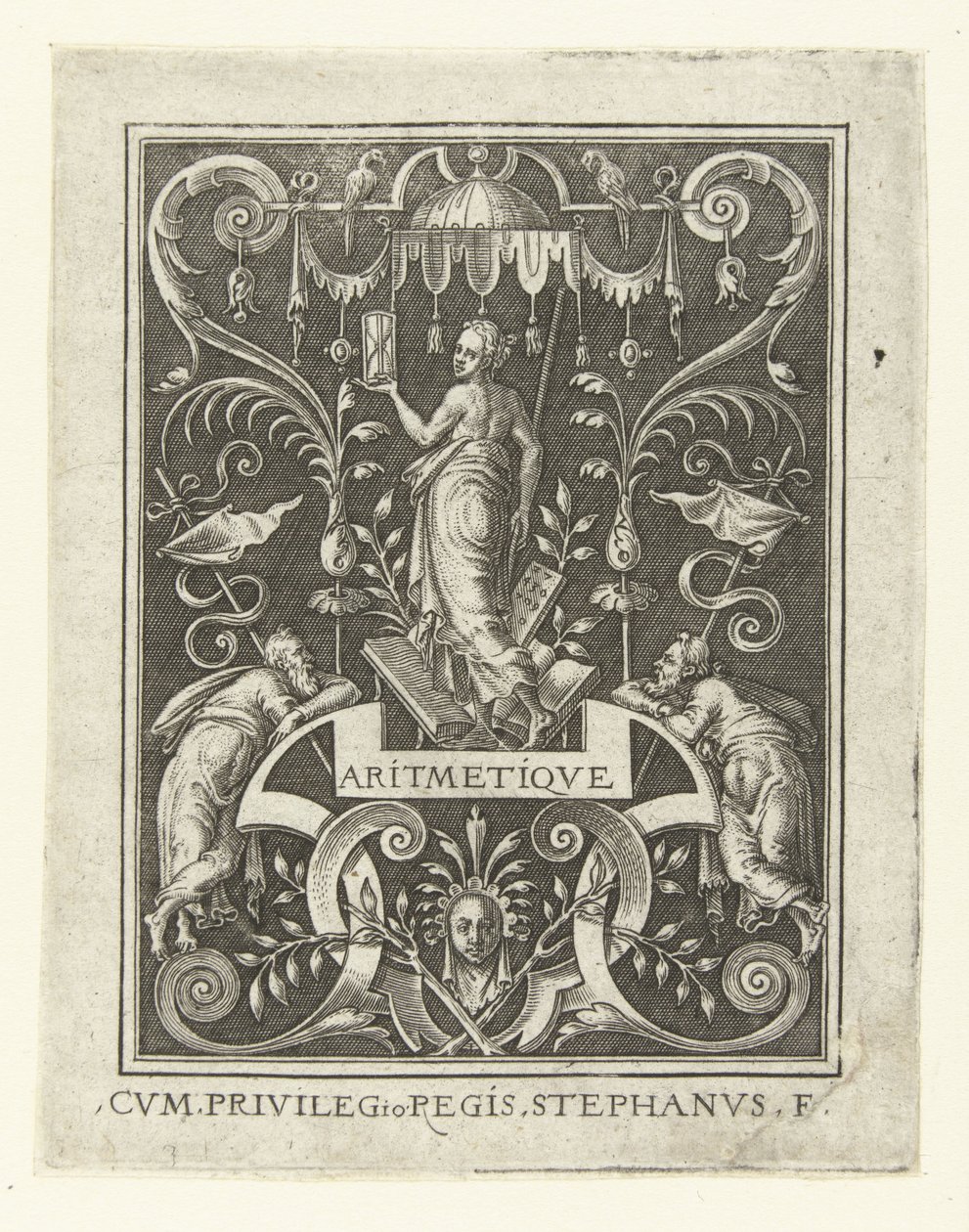 Aritmética ARITMETIQVE (título sobre objeto) Cuatro artes liberales, la perspectiva y la arquitectura, representadas por mujeres (versión posterior) (título de la serie) de Etienne Delaune