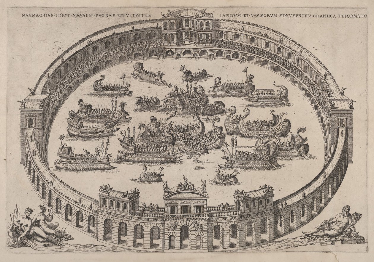 Combate naval dentro de una arena romana, con el río Tíber y ninfas de Etienne Duperac