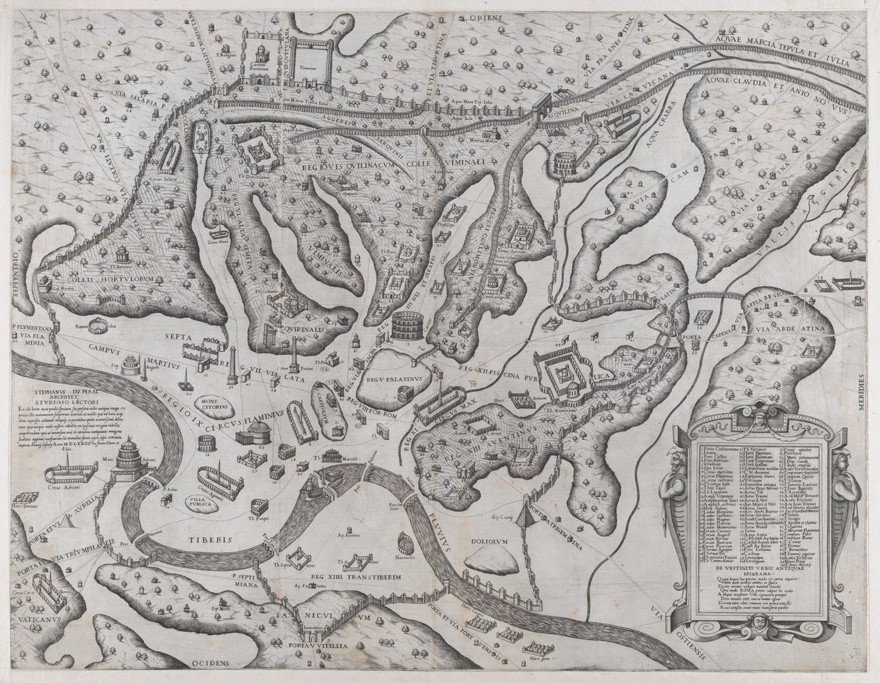 Speculum Romanae Magnificentiae: Roma antigua y sus colinas, desde el oeste, 1573 de Etienne Duperac