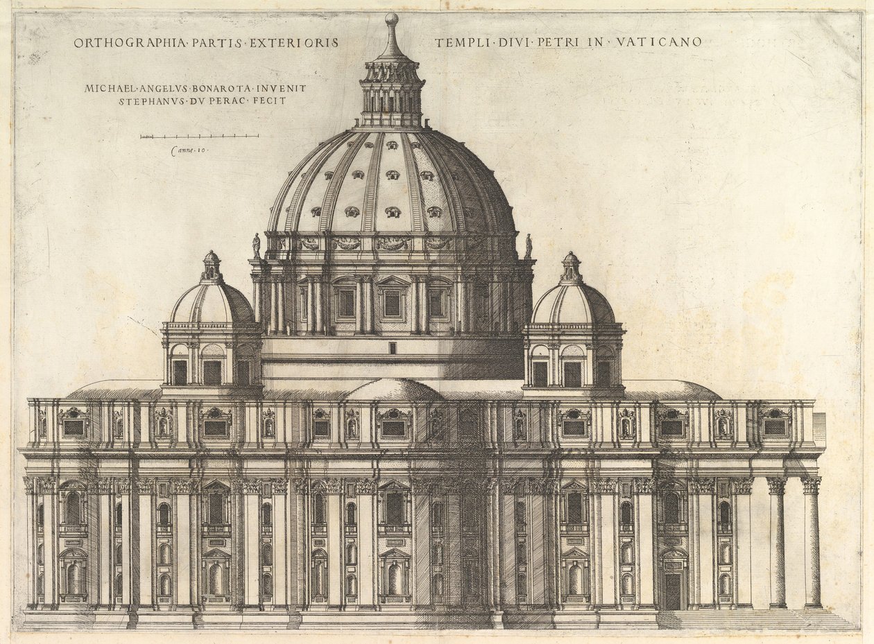 Speculum Romanae Magnificentiae: Elevación mostrando el exterior de la Basílica de San Pedro, 1558-61 de Etienne Duperac