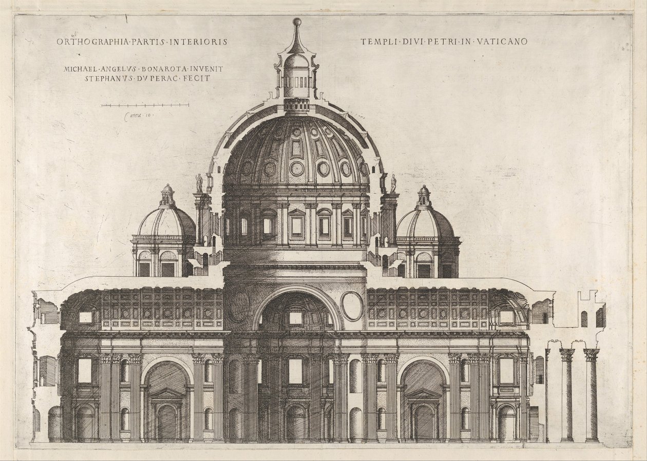 Speculum Romanae Magnificentiae: Sección longitudinal mostrando el interior de San Pedro, 1551, 1558-61 de Etienne Duperac