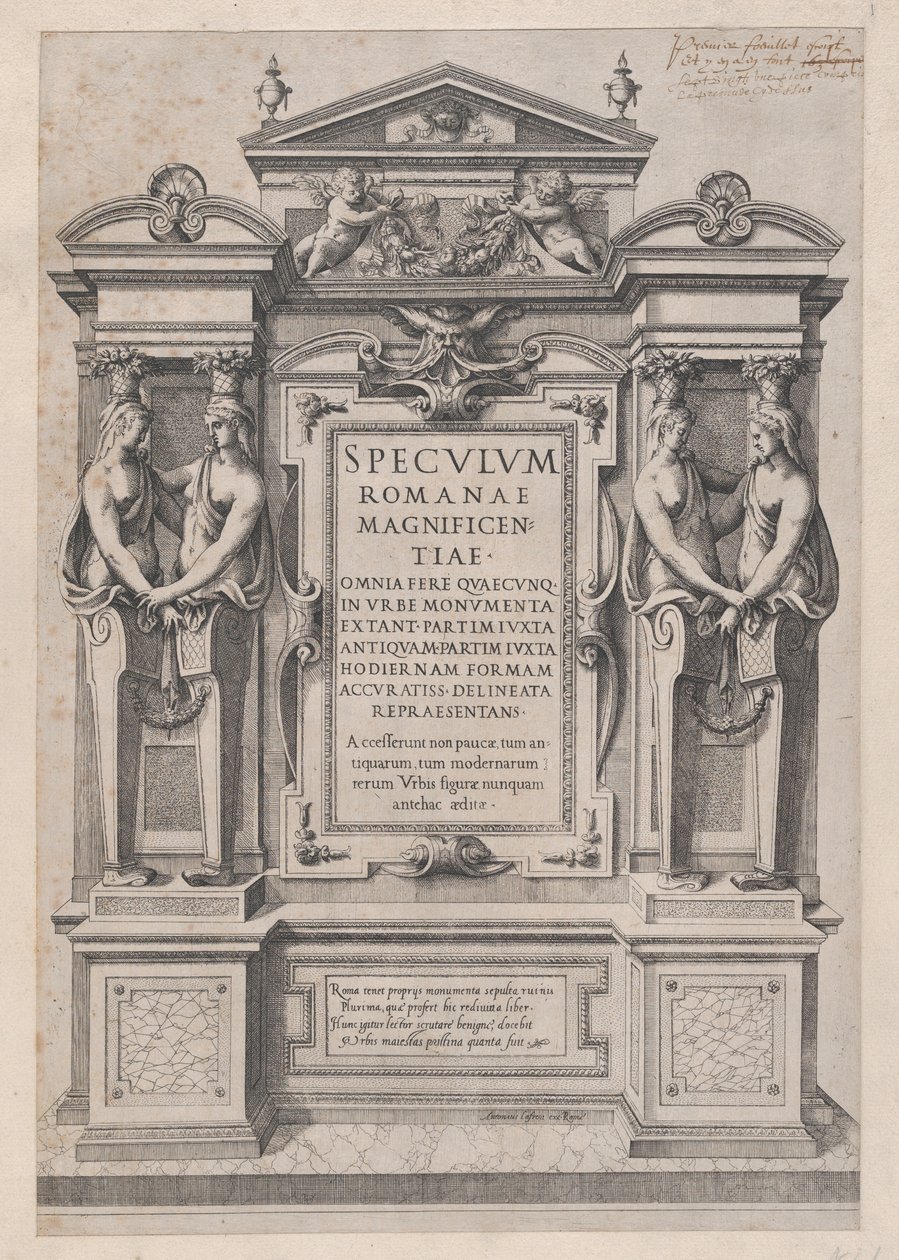 Speculum Romanae Magnificentiae: Página de Título grabada dentro de un marco arquitectónico y escultórico, 1573-77 de Etienne Duperac