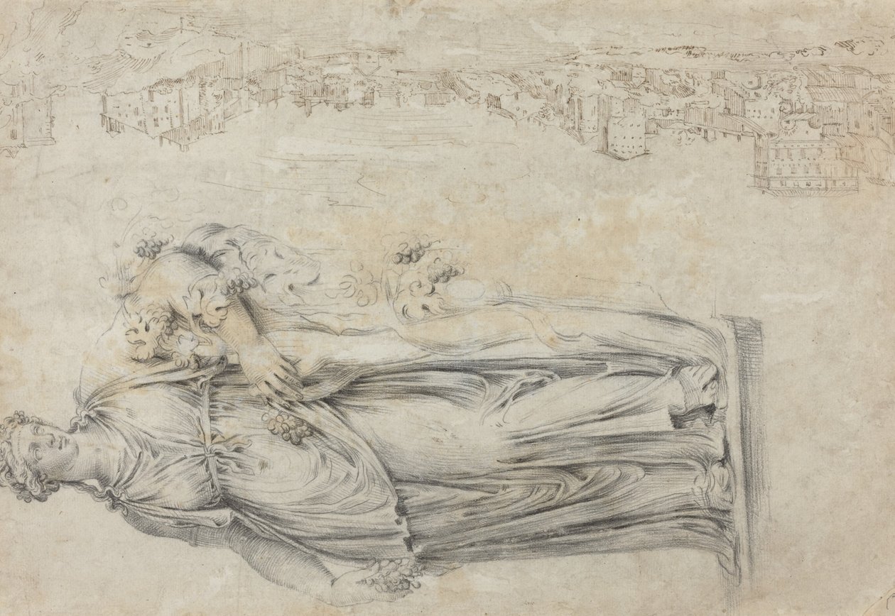 Vista del Tíber; Copia de una escultura romana de una bacante [verso] de Etienne Duperac