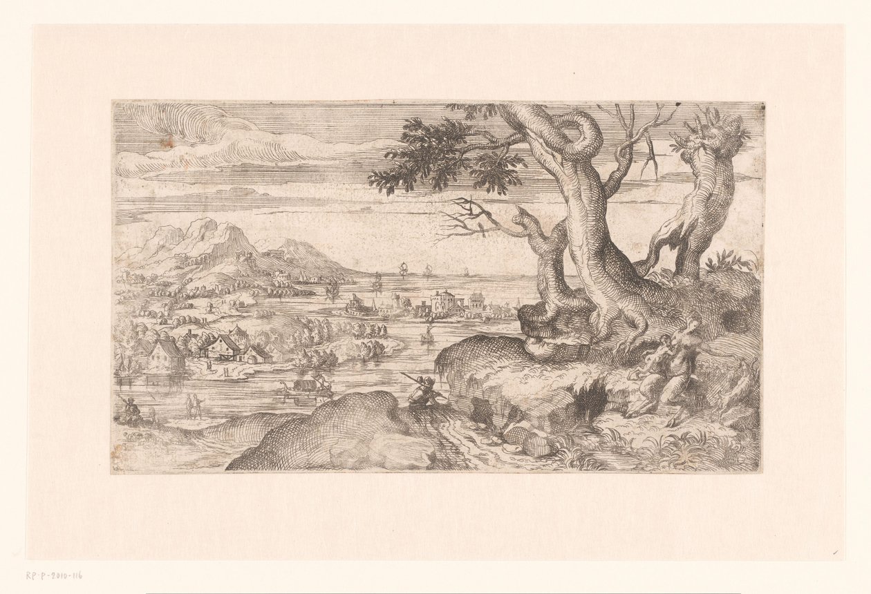 Paisaje con un sátiro femenino alimentando a un niño sátiro de Etienne Dupérac (attributed to)