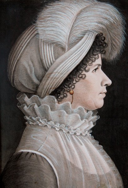 Retrato de una mujer con sombrero decorado con una pluma de Etienne Esperance Bouchardy