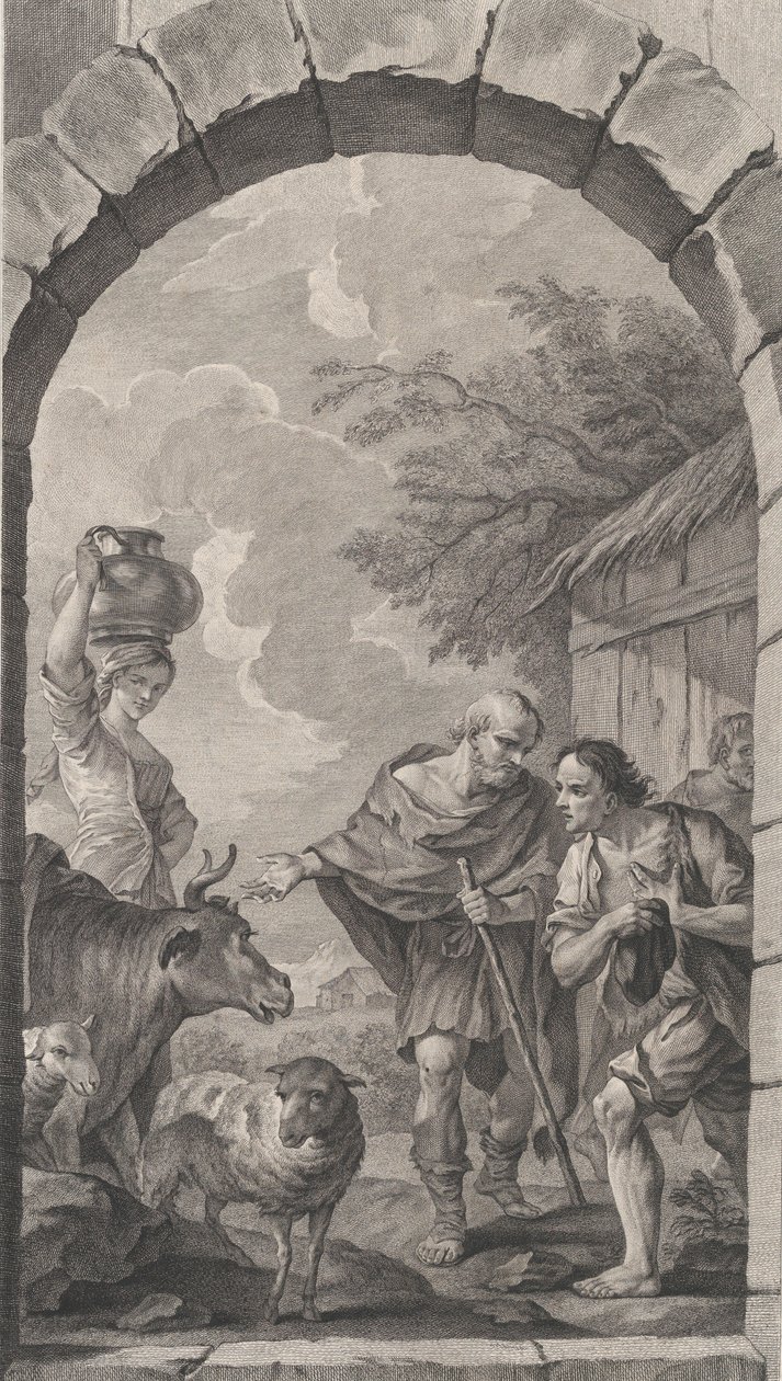La Capilla de los Enfants-Trouvés en París: Grupo de pastores frente a una cabaña, 1757 de Etienne Fessard