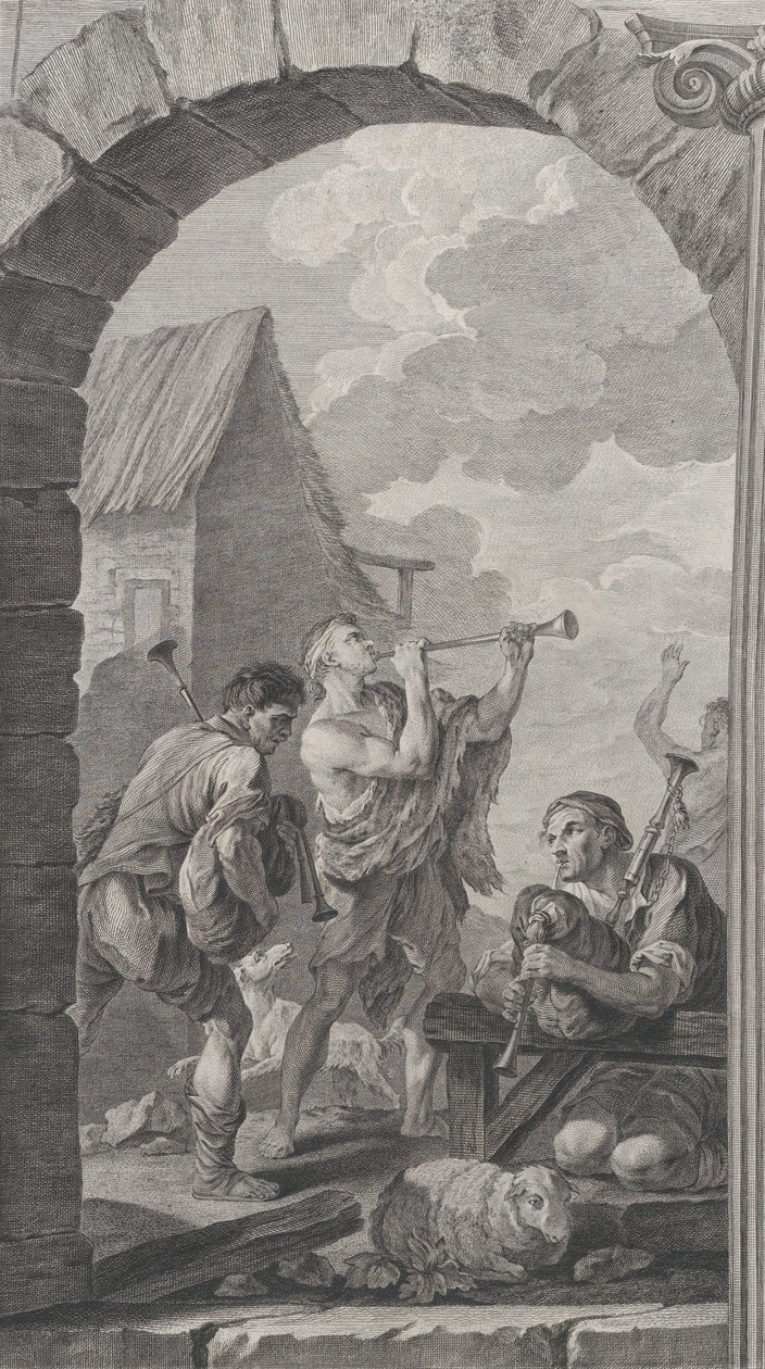 La capilla de los Enfants-Trouvés en París: Grupo de pastores: trompetistas, 1754 de Etienne Fessard
