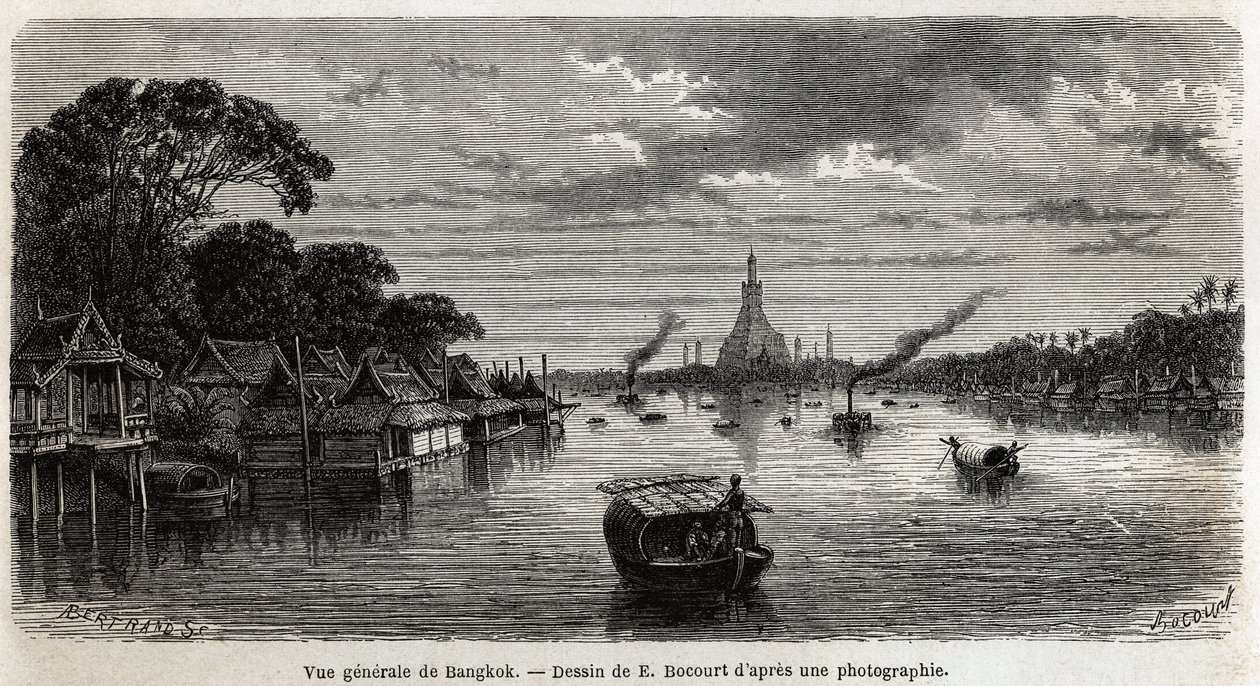 Vista general de Bangkok (Tailandia), dibujo de E.Bocour, para ilustrar el viaje de Henri Mouhot a los reinos de Siam, Camboya y Laos de 1858 a 1861. Grabado en “” Le tour du monde””, editado por Edouard Charton de Etienne Gabriel Bocourt
