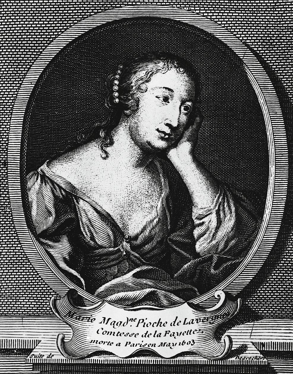 Medallón retrato de Marie-Madeleine Pioche de La Vergne, condesa de La Fayette (1634-1693), novelista francesa, grabado de Etienne Jehandier Desrochers (1668-1741). de Etienne Jehandier Desrochers