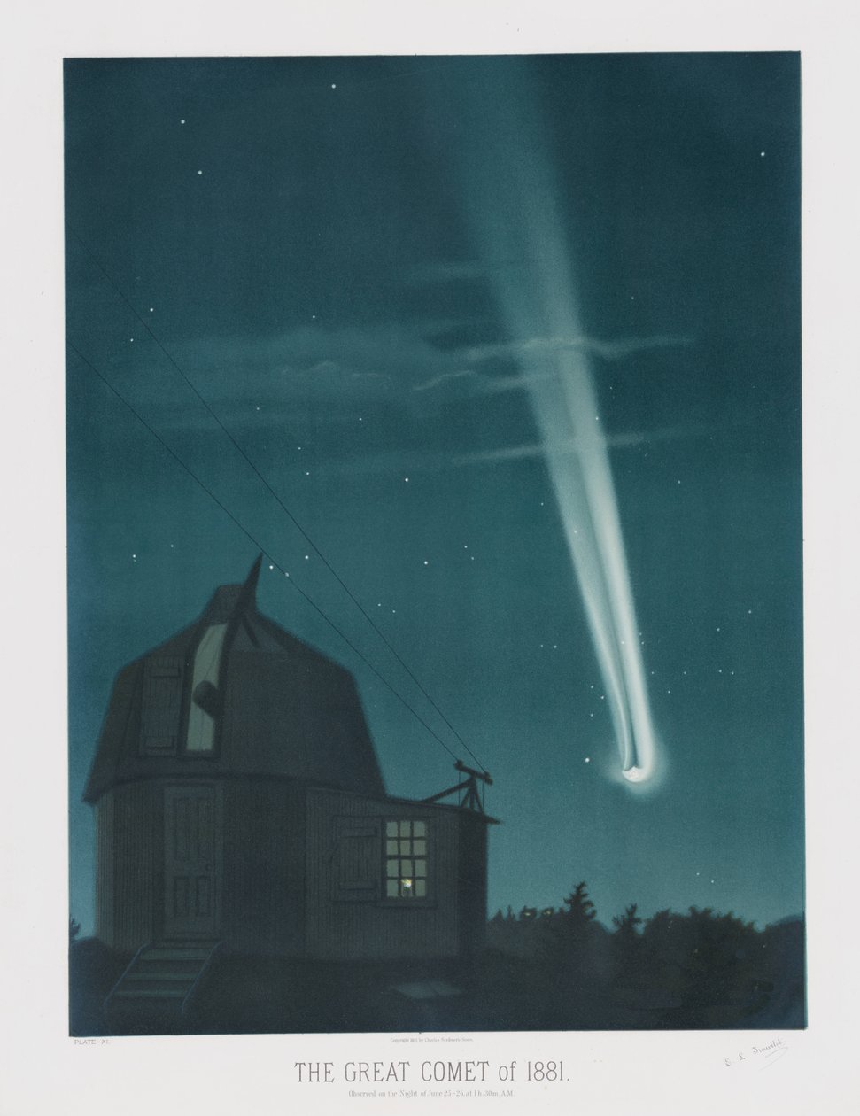 El Gran Cometa de 1881, observado en la noche del 25-26 de junio, a la 1h.30m AM, de The Trouvelot Astronomical Drawings 1881, pub. 1881 de Étienne Léopold Trouvelot