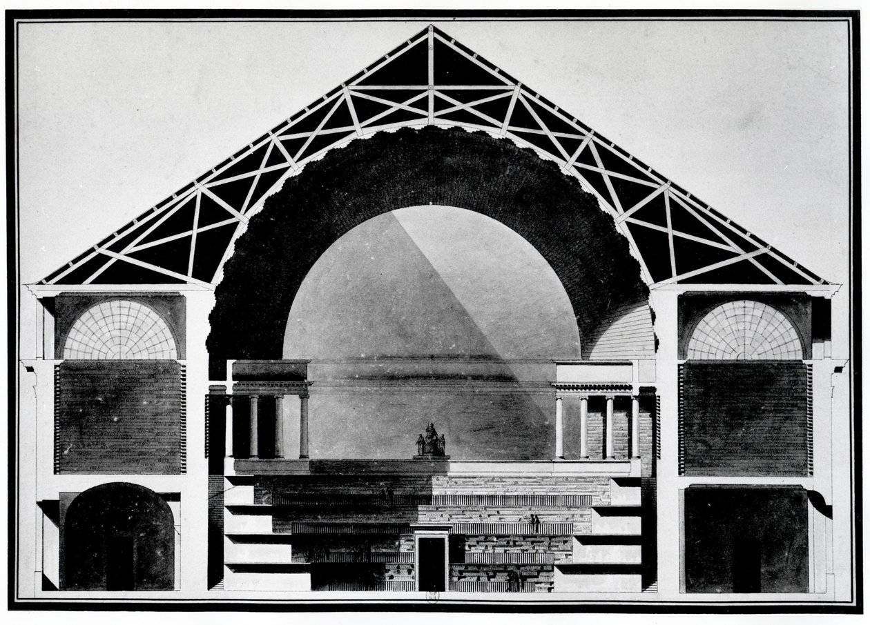 Biblioteca Real de Francia, sección transversal del edificio. Arquitectura de Etienne Louis Boullee (Etienne-Louis Boullee), arquitecto francés (1728-1799) de Etienne Louis Boullee