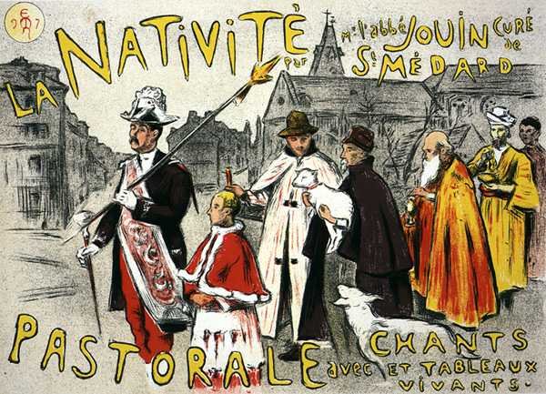 Reproducción de un cartel publicitario de una Natividad con canciones e imágenes vivientes de Etienne Moreau Nelaton
