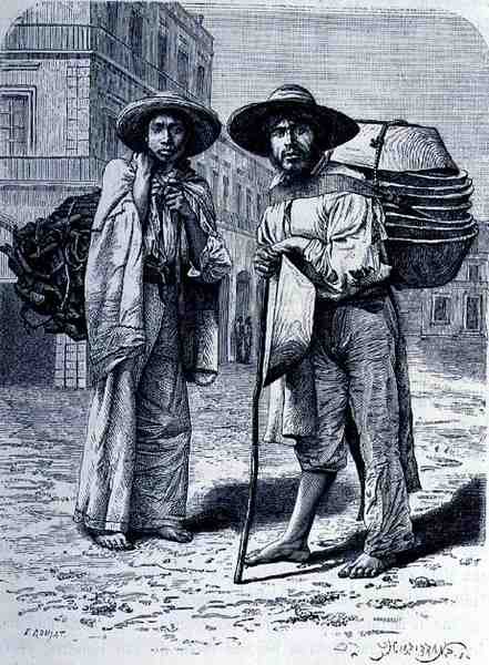 Vendedores de carbón y batteas, de Las ciudades antiguas del Nuevo Mundo, por Claude-Joseph-Desire Charnay, grabado por Henri-Theophile Hildebrand (1824-97), pub. 1887 de Etienne after Ronjat