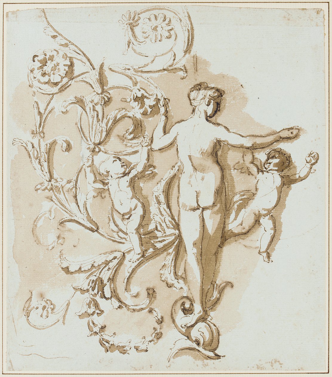 Desnudo femenino visto desde atrás, con dos putti, entre decoración de hojas de acanto de Etienne de Lavallee Poussin