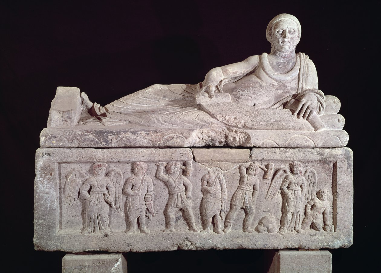 Sarcófago del magistrado Laris Pulena con un pergamino desenrollado frente a él, finales del siglo III a.C. (terracota) de Etruscan
