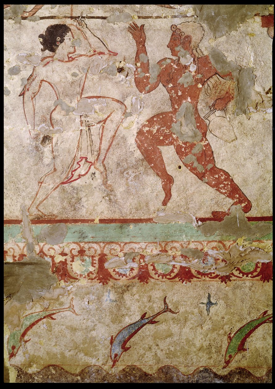 Dos bailarines y delfines saltando a través de las olas, friso de la Tumba de las Leonas en la necrópolis, c.520 a.C. de Etruscan