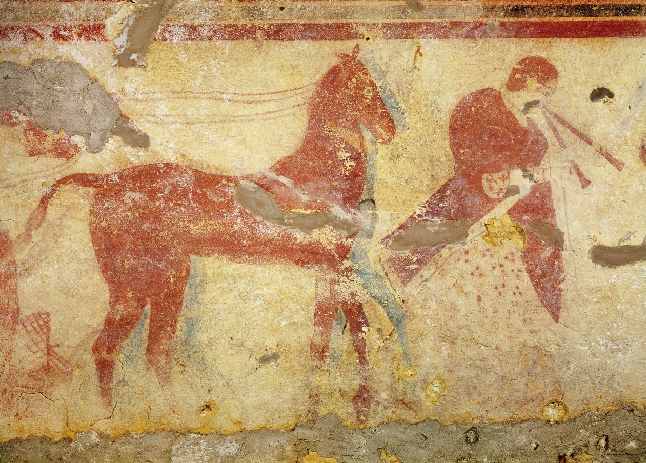 Dos caballos y un músico, de la Tumba de los Giustiniani, mediados del siglo V a.C. de Etruscan