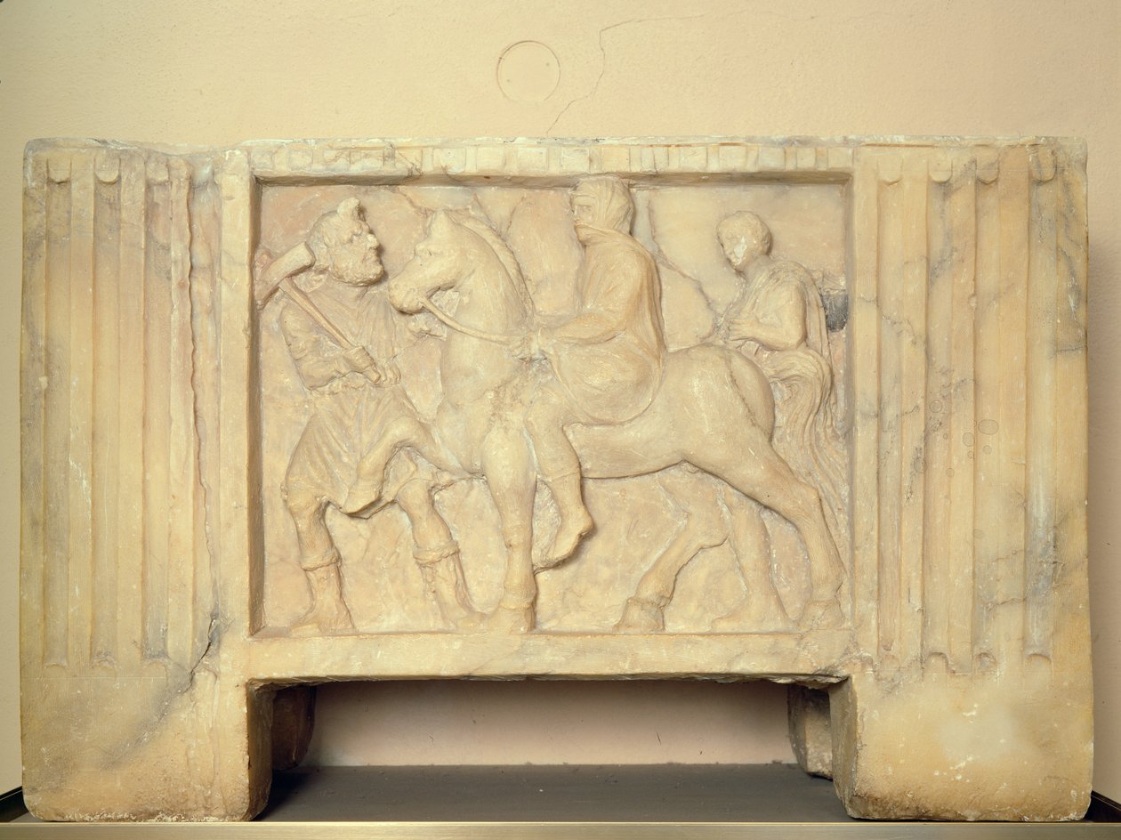 Urna de alabastro con el difunto cabalgando hacia el inframundo, siglo IX-I a.C. de Etruscan