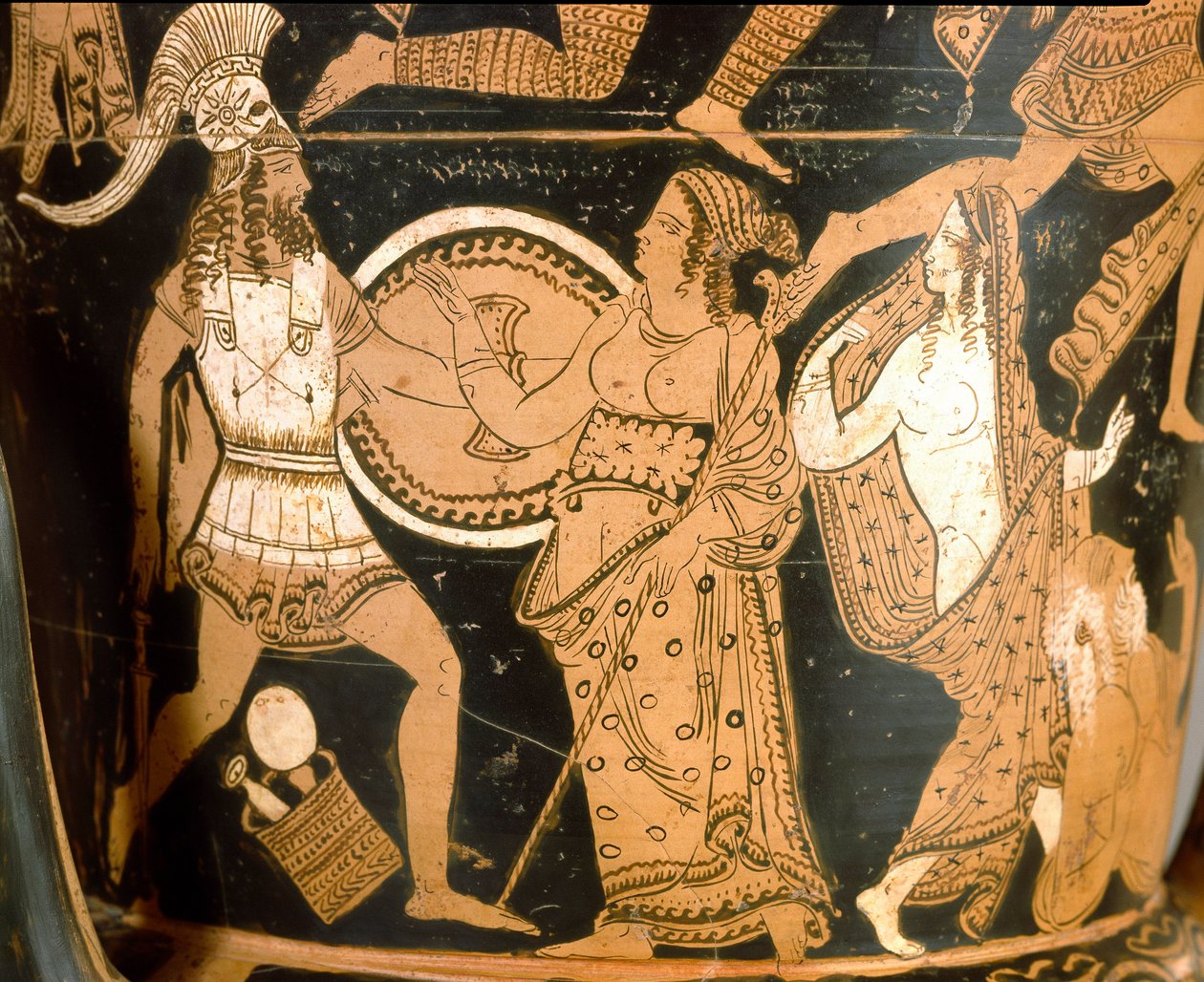 Antigüedad etrusca: crátera en campana que representa la destrucción de Troya: (detalle) que representa a Menelao frente a Afrodita, Helena está representada a la derecha. De Falerii Veteres (Civita Castellana). 350-300 a.C. Roma, Museo Nacional de Villa G de Etruscan