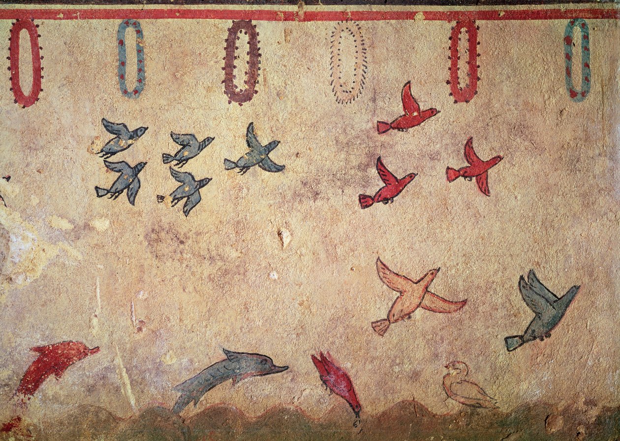 Aves acuáticas y delfines saltando, de la Tumba de la Caza y la Pesca, c.520-10 a.C. de Etruscan