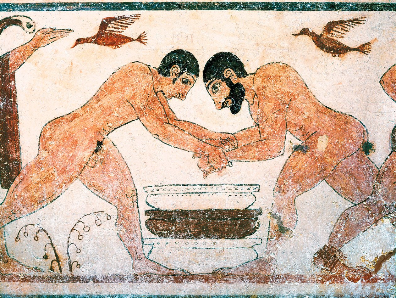 Arte etrusco: Atletas representados en la tumba de los augures en la necrópolis de Monterozzi Tarquinia, cerca de Viterbo, Italia. Fresco del siglo VI a.C. de Etruscan