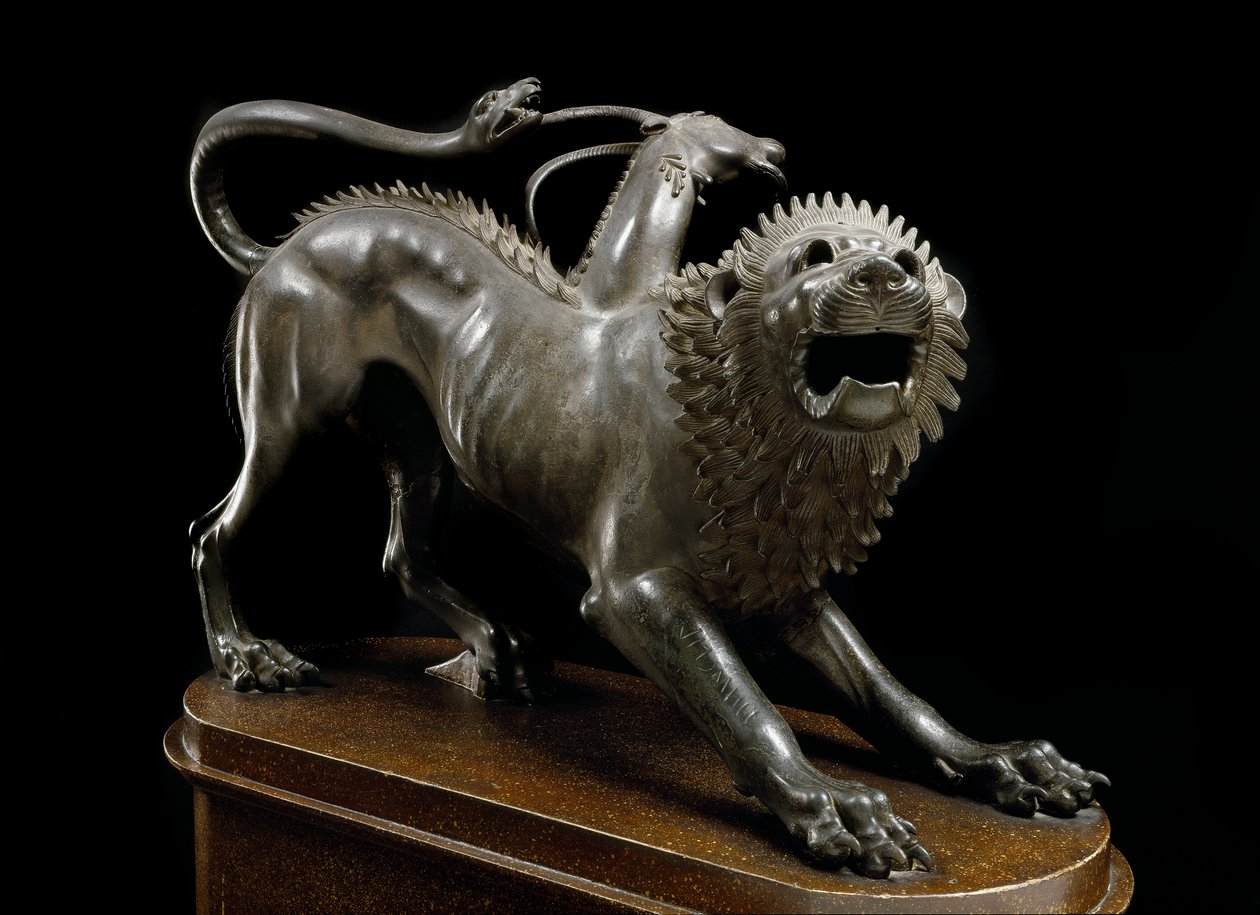 Arte etrusco: Quimera de Arezzo herida por Belerofonte - Escultura de bronce, 400-350 a.C. - Museo Arqueológico de Florencia - Quimera de Arezzo - Escultura de bronce etrusca (H. 65 cm), 400-350 a.C. - Florencia, Museo Arqueológico de Etruscan