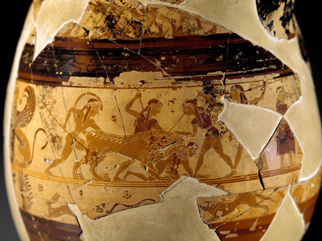 Antigüedad etrusca: olpe de arcilla (jarra en forma de pera con un cuello alto en forma de trompeta) conocida como Olpe Chigi en estilo protocorintio policromado decorado por el pintor de Macmillan, 640-630 a.C. (detalle) que representa una escena de caza  de Etruscan