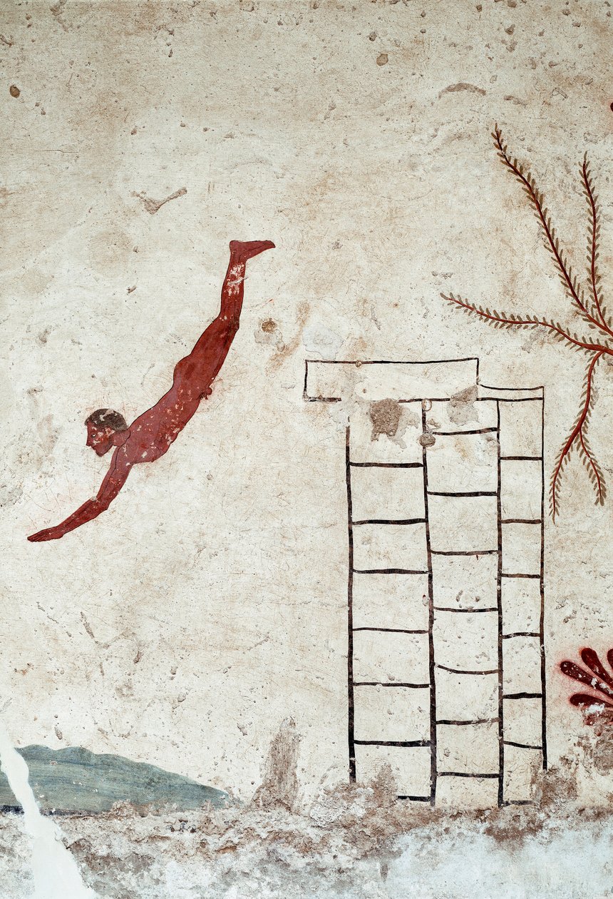 Arte etrusco: Un joven nadador buceando. Fresco de la tumba del "buceador". (detalle) Del cementerio sur de Paestum. 480-470 a.C. Museo Arqueológico Nacional, Paestum de Etruscan