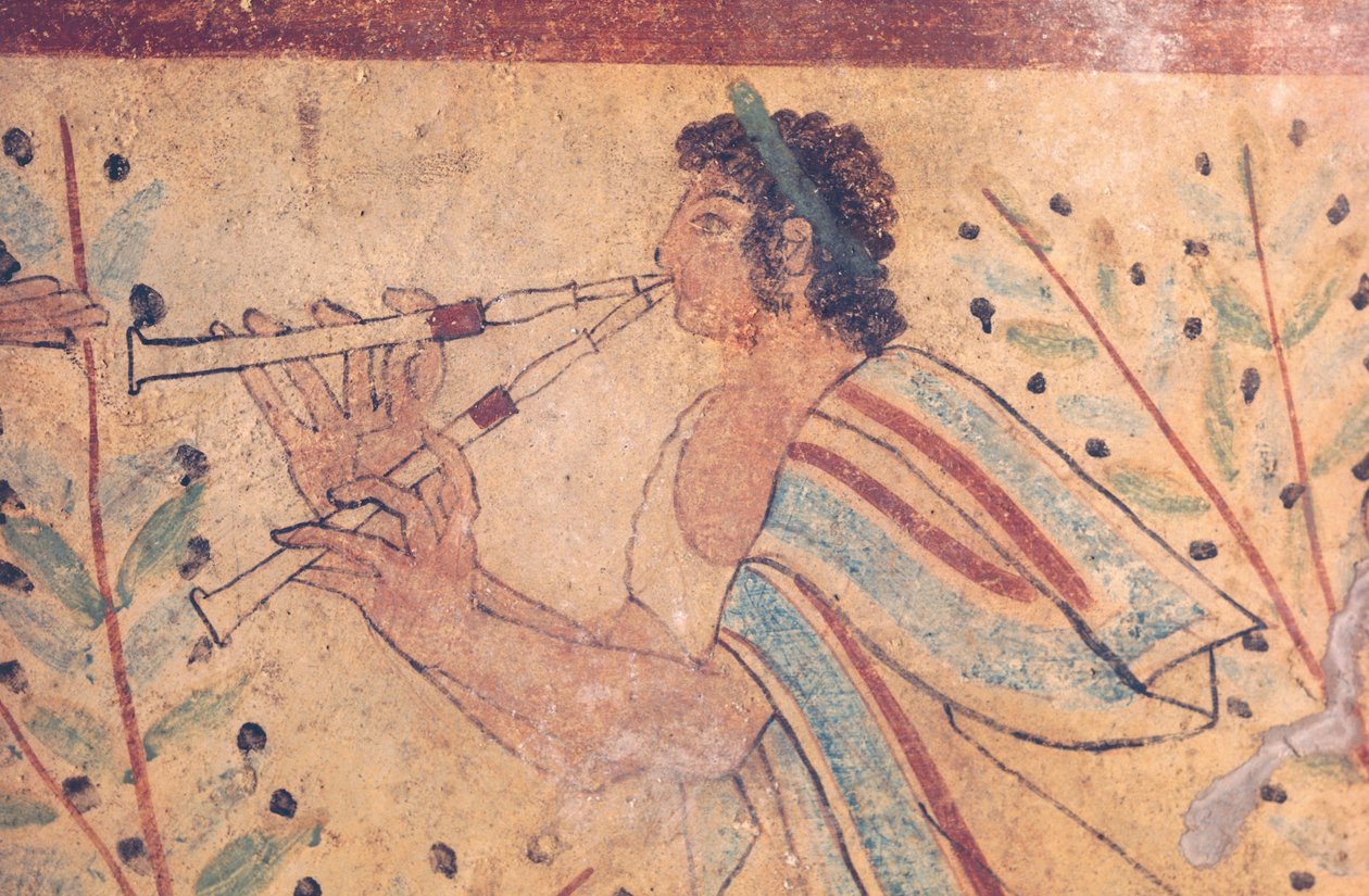 Arte etrusco: un flautista. Detalle de un fresco de la Tumba de los Leopardos, en la necrópolis de Monterozzi, Italia, principios del siglo V a.C. (fresco) de Etruscan