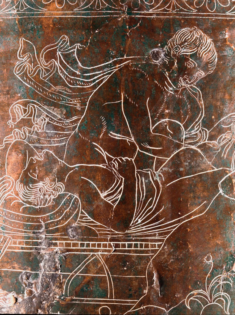 Arte etrusco: detalle del Cista Ficoroni de bronce que representa la leyenda de los Argonautas: el barco de Argos. De Preneste (Palestrina). 340 a.C. Museo Nazionale di Villa Giulia, Roma de Etruscan
