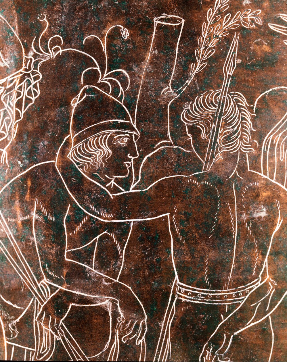 Arte etrusco: detalle del Cista Ficoroni de bronce que representa la leyenda de los Argonautas. De Preneste (Palestrina). 340 a.C. Museo Nazionale di Villa Giulia, Roma de Etruscan