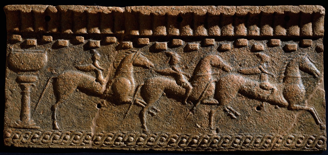 Arte etrusco: friso decorado de caballeros de un conjunto arquitectónico en Murlo. Siglo VI a.C. Murlo, Antiquarium Municipal, Italia de Etruscan