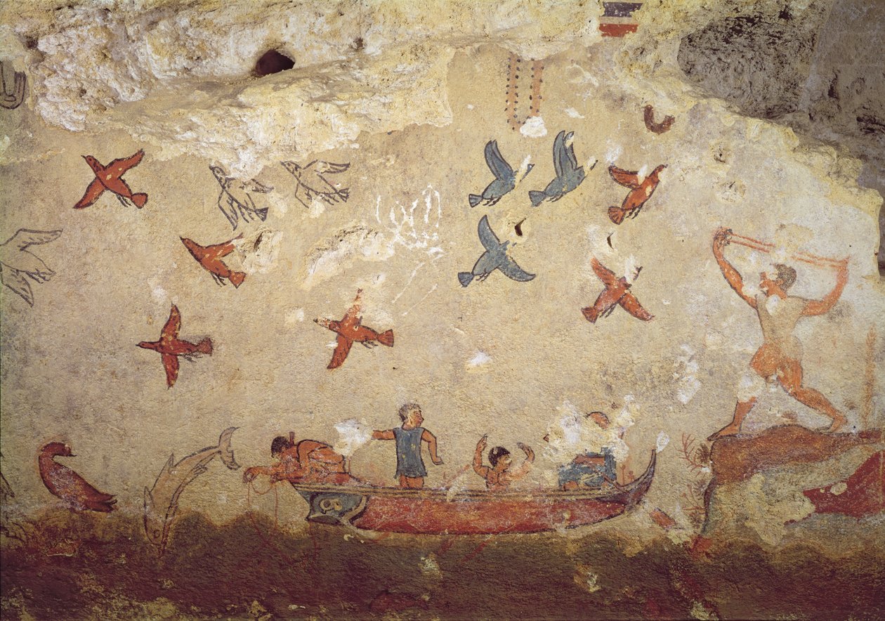 Pescadores en un bote y aves volando, de la Tumba de la Pesca y la Caza, c.520-510 a.C. de Etruscan