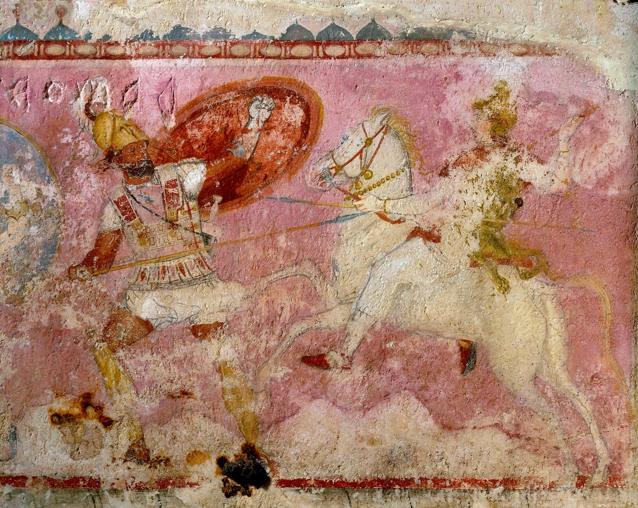 Sarcófago de las Amazonas con escena pintada de una batalla, piedra caliza blanca, de Tarquinia, región del Lacio, Italia, detalle de Etruscan