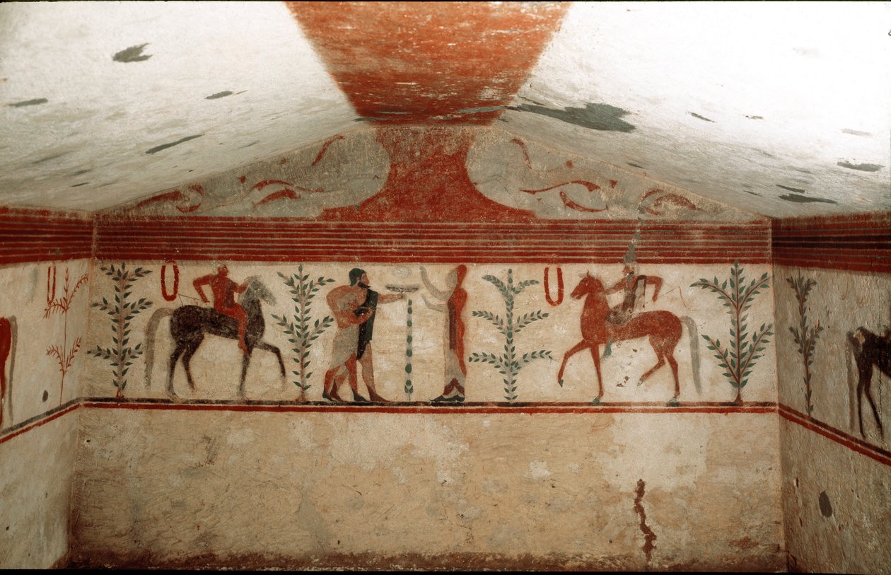 Dos jinetes, una mujer y un hombre barbudo presentando una copa (detalle) de Etruscan