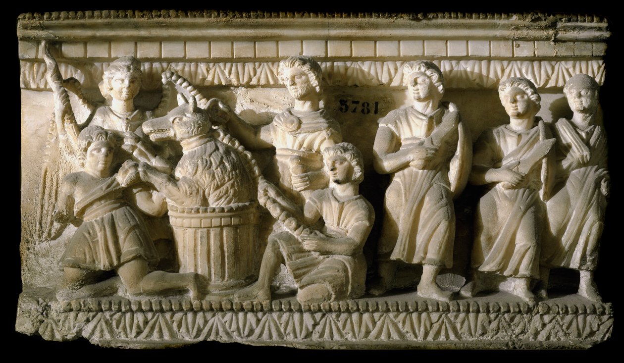 Arte etrusco: "Ulises y sus compañeros durante su encuentro con Circe" (Odisea de Homero). Bajo relieve de mármol de un sarcófago de Volterra. Siglo III a.C. Florencia, Museo Arqueológico de Etruscan Etruscan