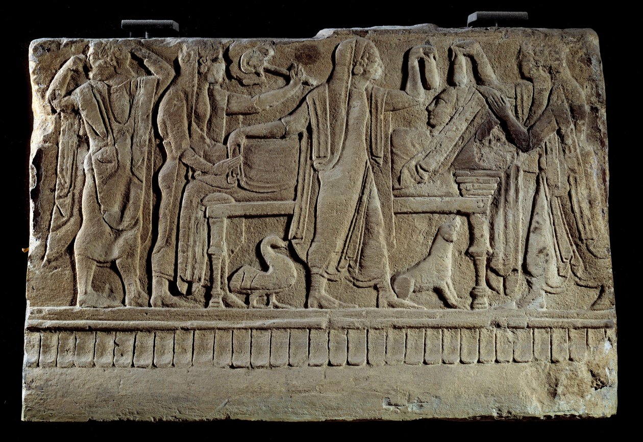 Antigüedad etrusca: Placa de cippo funerario. Exposición de la difunta en su lecho funerario. París, Museo del Louvre de Etruscan Etruscan