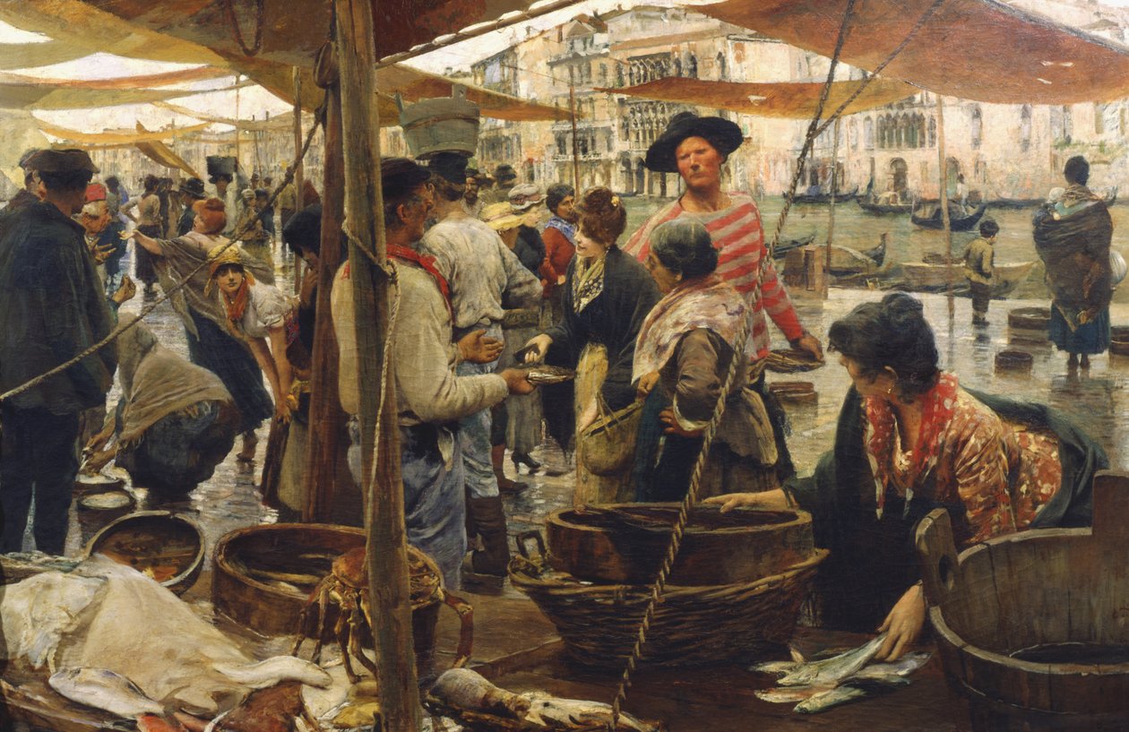 Viejo mercado de pescado en Venecia de Ettore Tito