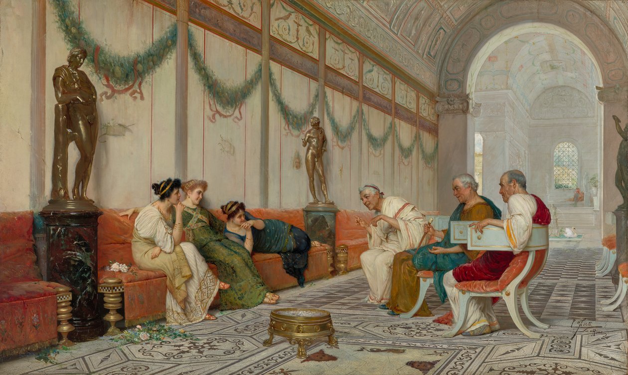 Interior de edificio romano con figuras de Ettore Forti