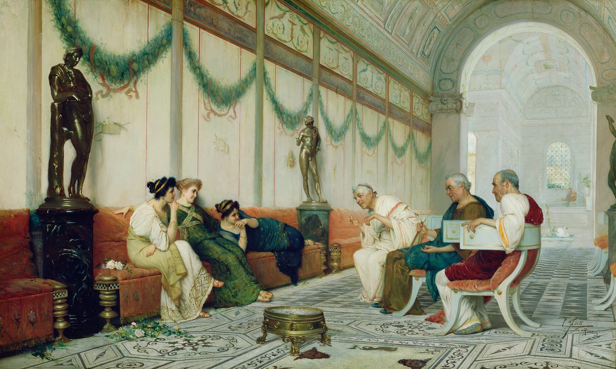 Interior de edificio romano con figuras, c.1880 (óleo sobre lienzo) de Ettore Forti