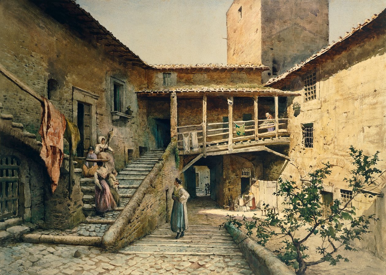 El patio del Palacio Anguillara en Roma, de la serie Roma Desaparecida de Ettore Roesler Franz