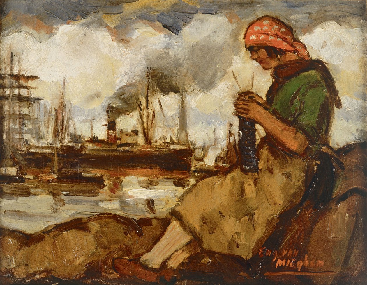 Joven del puerto tejiendo de Eugeen van Mieghem
