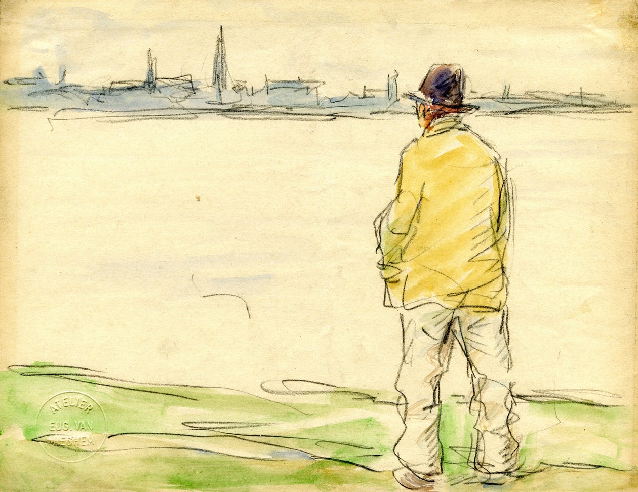 Hombre contemplando el paseo marítimo de Amberes de Eugeen van Mieghem