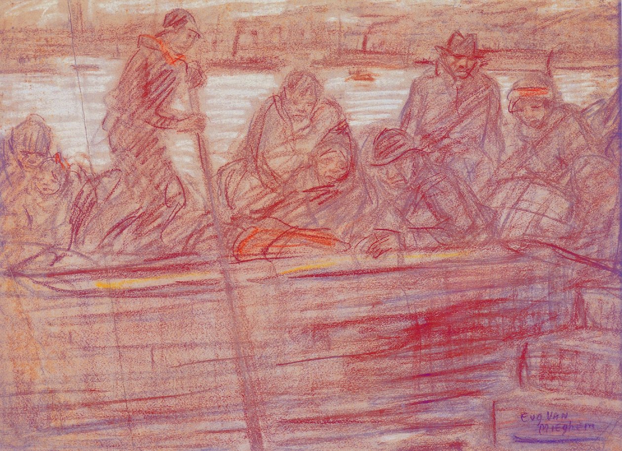 Refugiados (con la madre Van Mieghem) en el transbordador de Eugeen van Mieghem