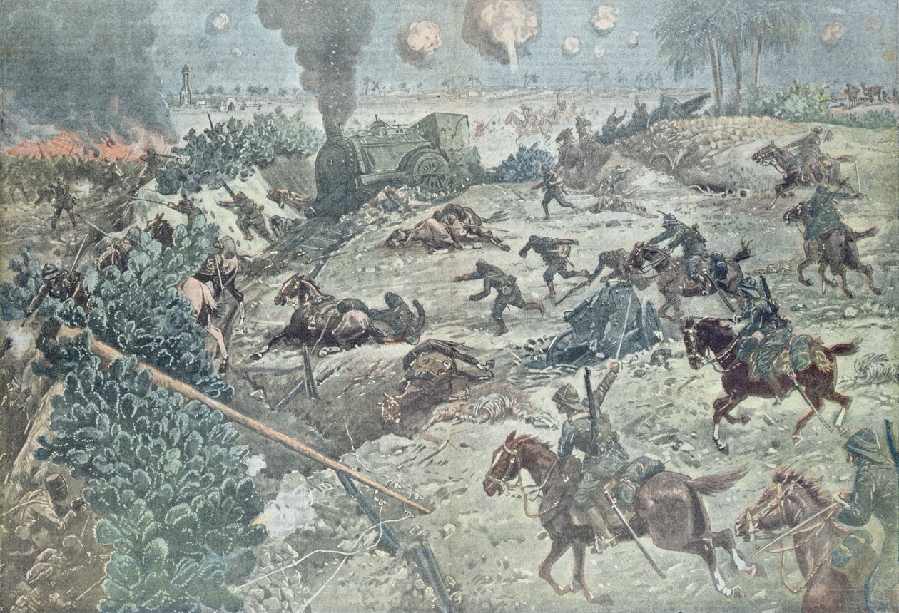 Caballería británica cortando una línea de ferrocarril en una batalla con tropas turcas en Palestina, ilustración de la revista 